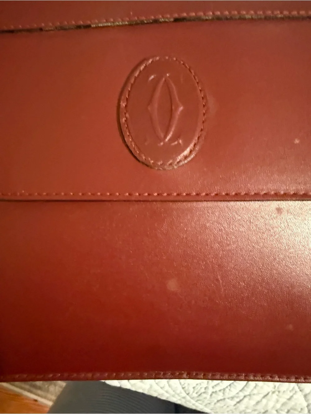 Vintage Cartier Burgundy Leather Clutch with Gold Corner Accents